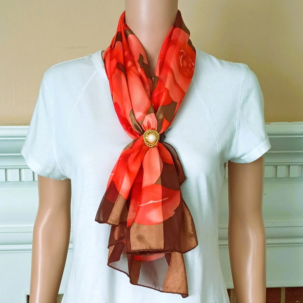 Perry Ellis Square Floral Scarf 40" x 40" Women's Orange & Brown Silky Feel